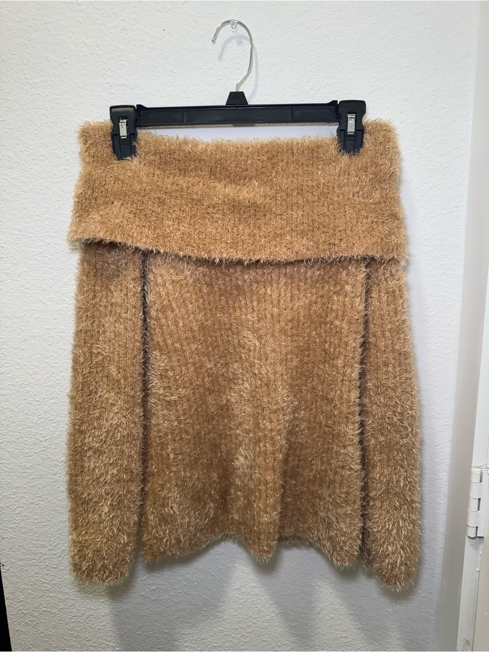 Off-the-Shoulder Fuzzy Knit Sweater in Camel